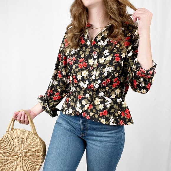 Vintage Teruko Floral Silky Button Up Long Sleeve Romantic Blouse Novelty Print - Picture 2 of 8